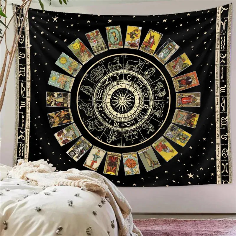 Black and white astrology chart tarot tapestry bedroom wall hanging