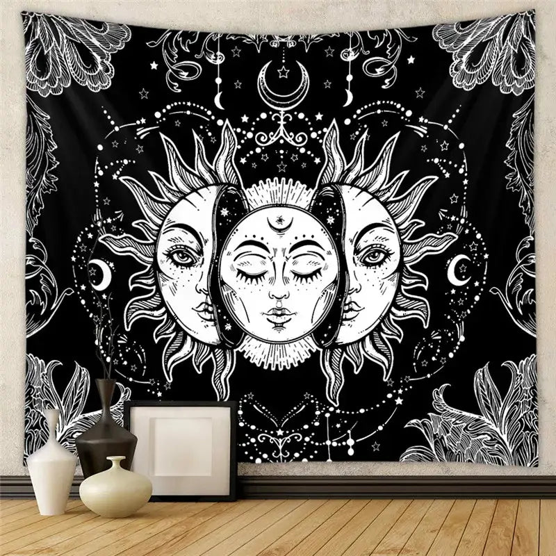 Black and white astrology chart tarot tapestry bedroom wall hanging