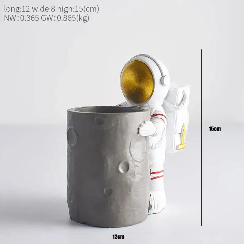Astronaut white & gold moon pen holder figurines for office desk