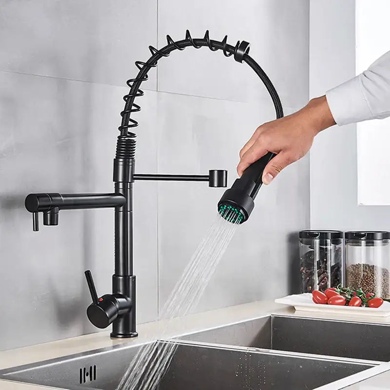 Decorbites black brass kitchen faucet with dual spout and pull down spray