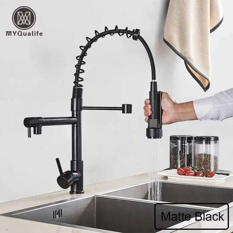 Decorbites black brass kitchen faucet with dual spout and pull down spray