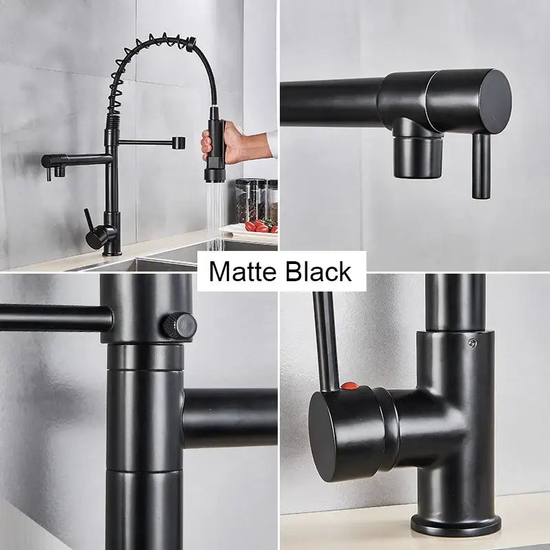 Decorbites black brass kitchen faucet with dual spout and pull down spray