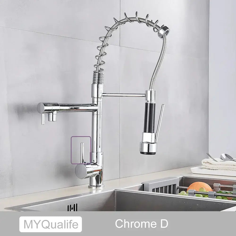 Decorbites black brass kitchen faucet with dual spout and pull down spray
