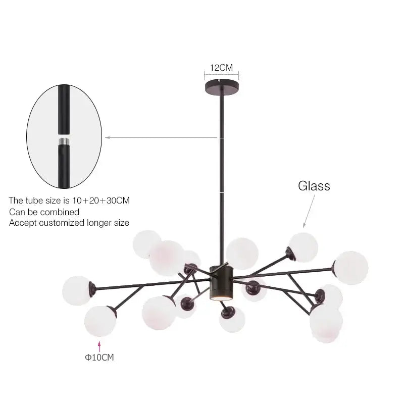 Decorbites black chandelier with white glass globes for living room