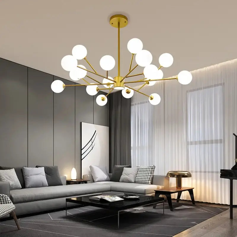 Decorbites black chandelier with white glass globes for living room