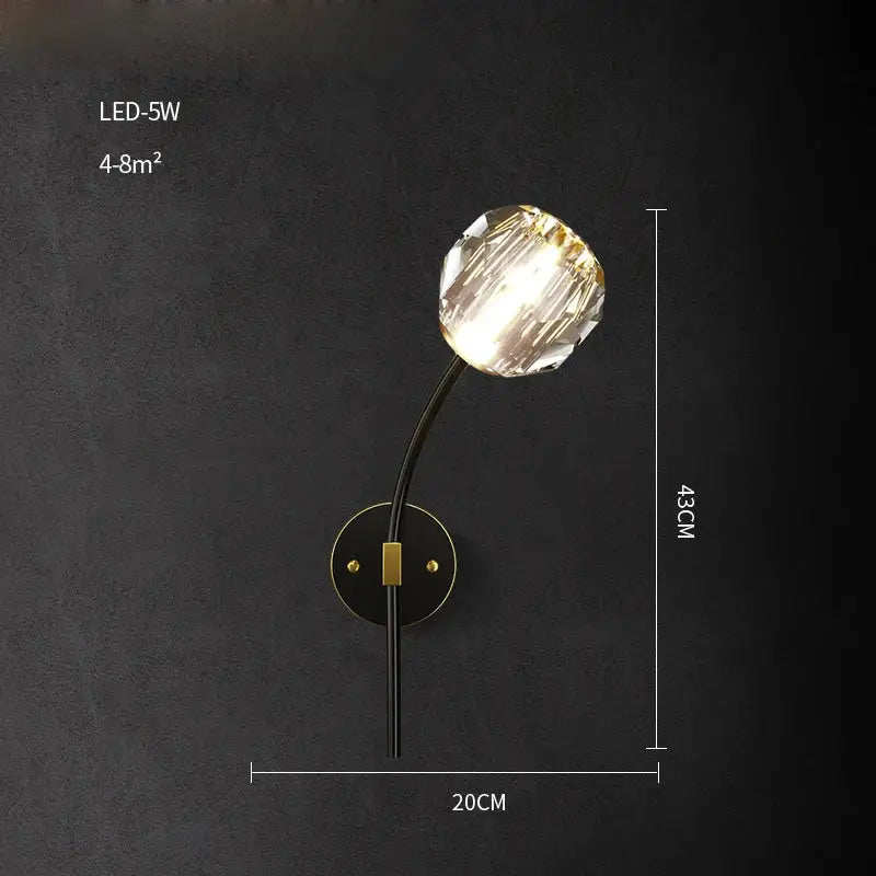 Black & gold crystal led wall sconce light for bedroom