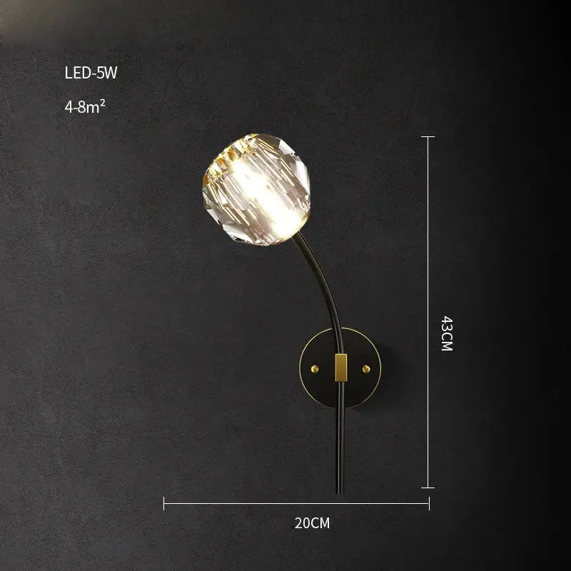 Black & gold crystal led wall sconce light for bedroom