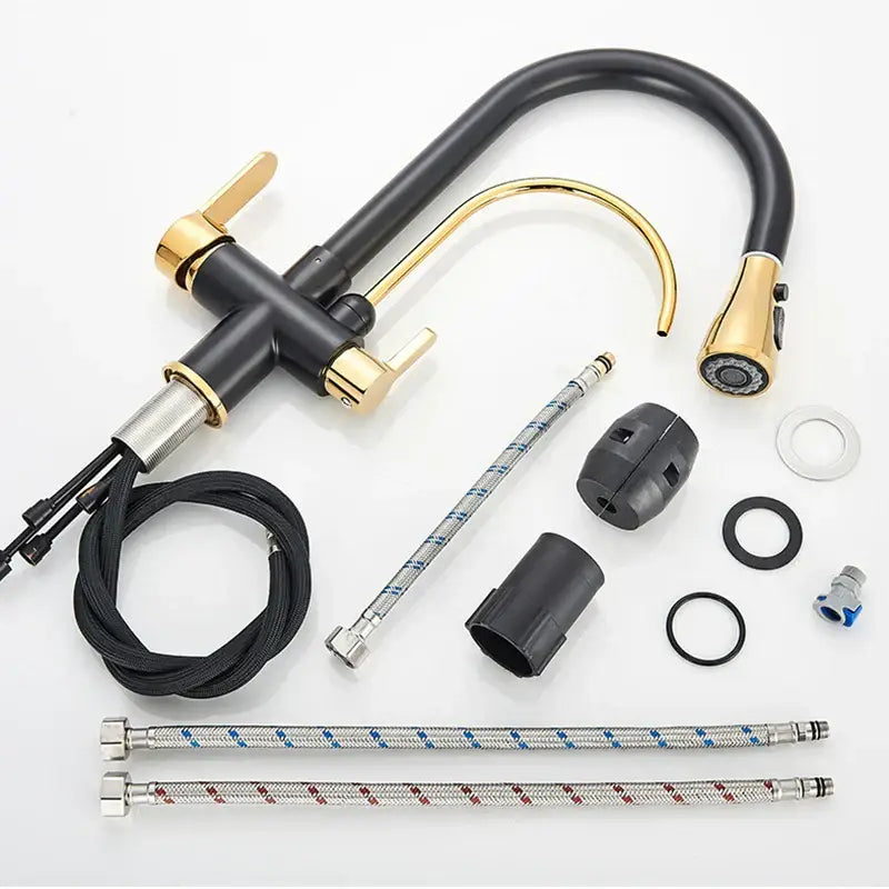 Modern black & gold filter kitchen faucet with dual spout