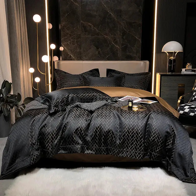 Black gold jacquard egyptian cotton bedding set bedroom decor