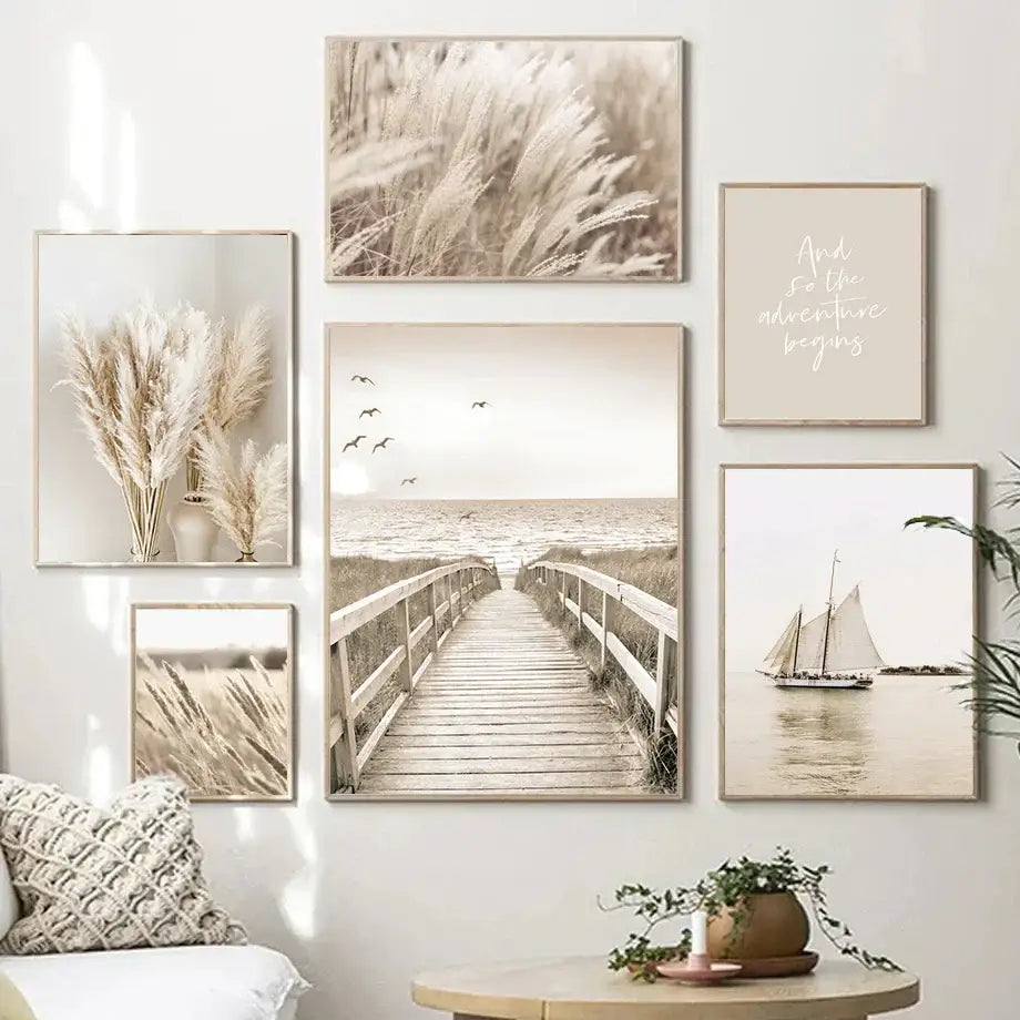 Bohemian sepia beach landscape wall art with beige flower grass living room