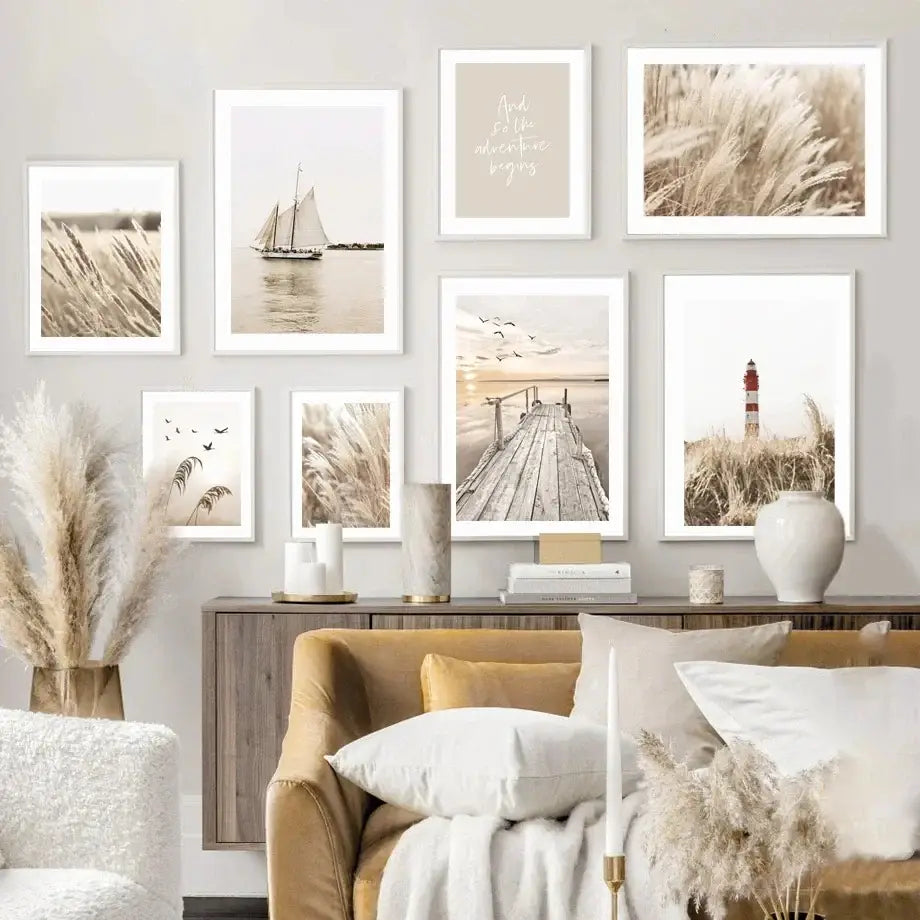 Bohemian beach landscape wall art – living room beige pampas decor