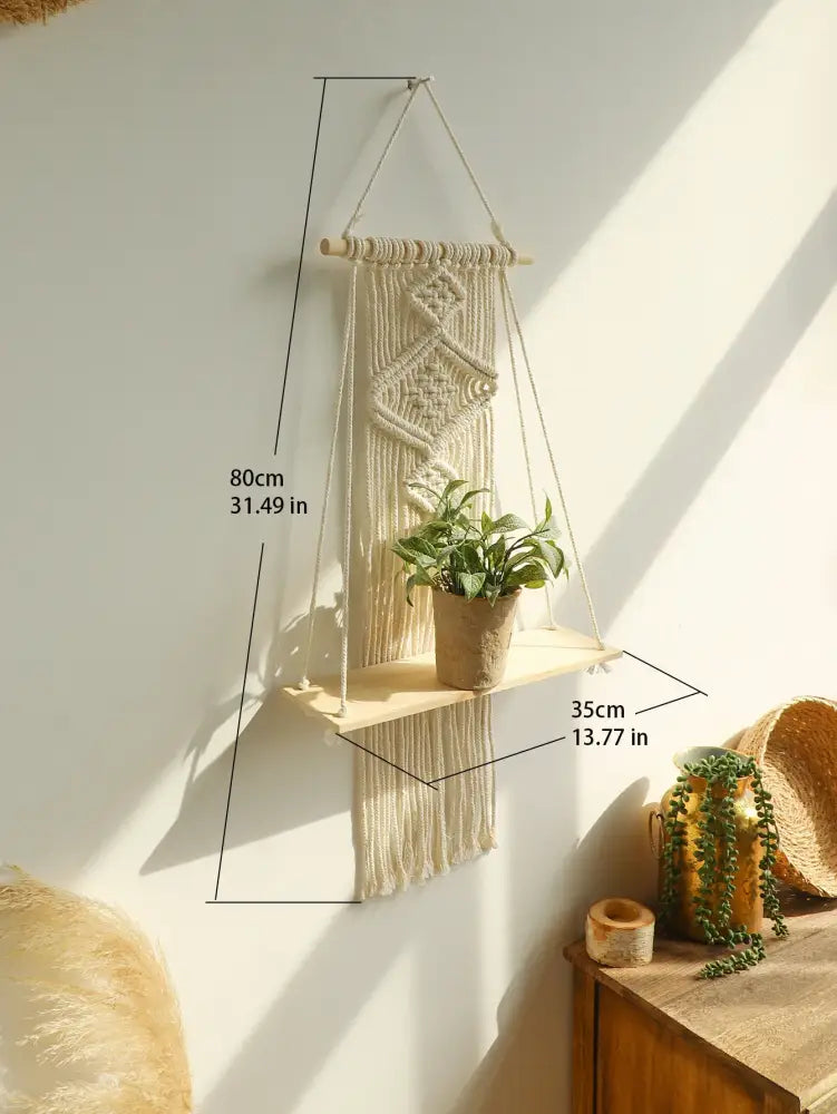 Boho beige macrame wood hanging shelf bedroom wall decor