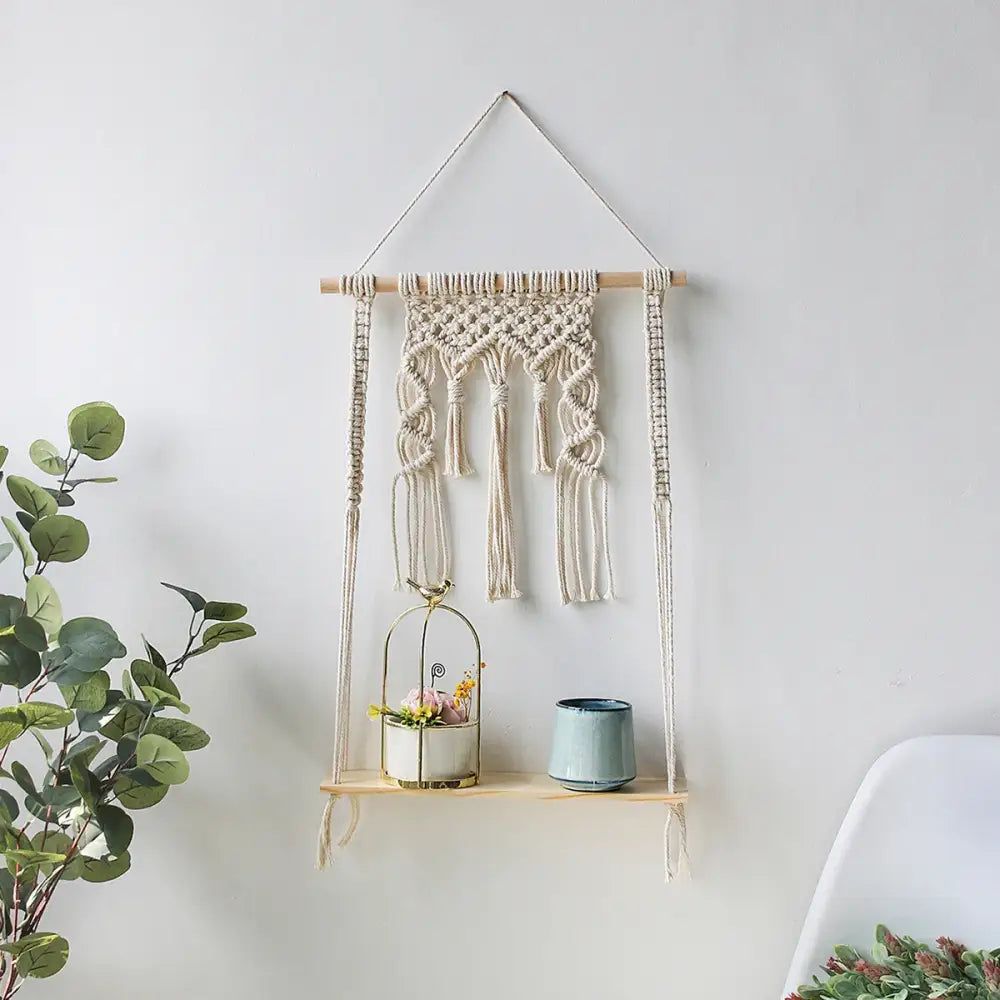 Boho beige macrame wood hanging shelf bedroom wall decor