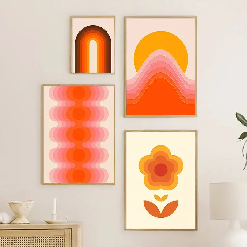 Retro boho orange & pink rainbow stripes art prints bedroom decor