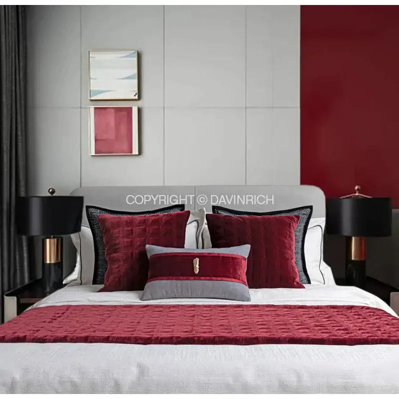 Decorbites burgundy velvet geometric embroidered bed runner bedroom