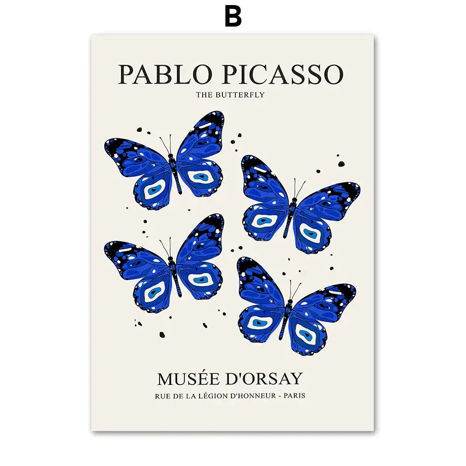 Blue and white butterfly botanical canvas art set of 6 living room