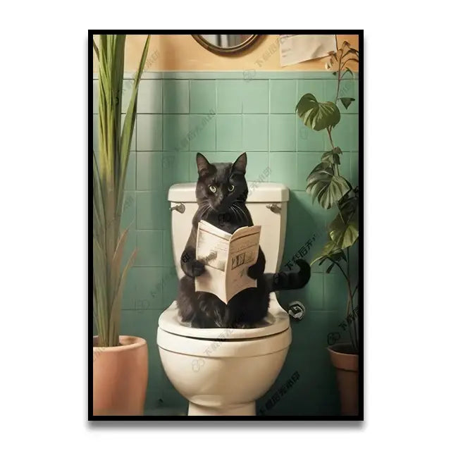 Whimsical otter reading on toilet bathroom canvas wall art
