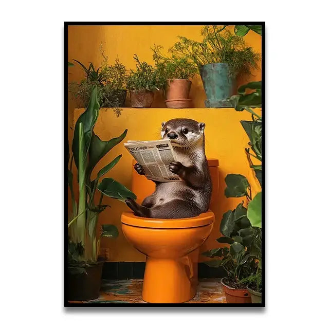 Chihuahua reading newspaper on toilet canvas wall art bathroom decor
