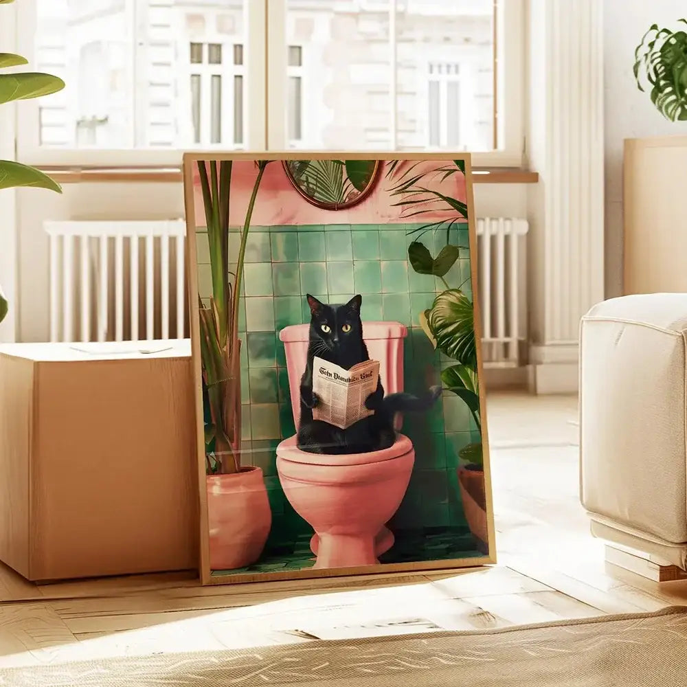 Whimsical otter reading on toilet bathroom canvas wall art