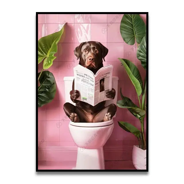 Chihuahua reading newspaper on toilet canvas wall art bathroom decor
