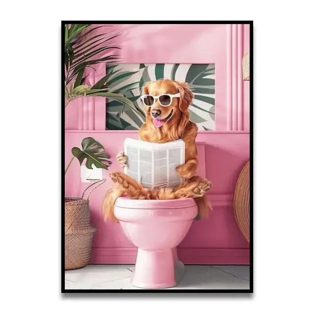 Chihuahua reading newspaper on toilet canvas wall art bathroom decor
