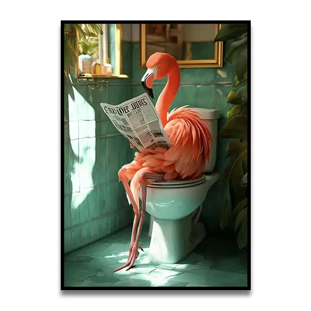 Whimsical otter reading on toilet bathroom canvas wall art