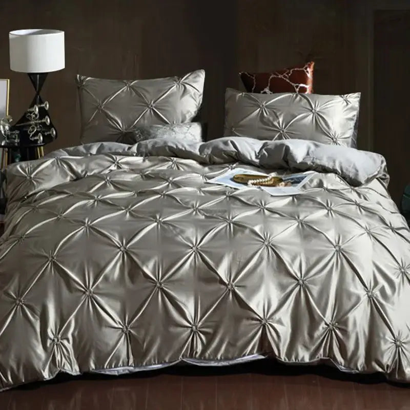 Bronze satin quilted chiffon flower duvet cover set bedroom bedding