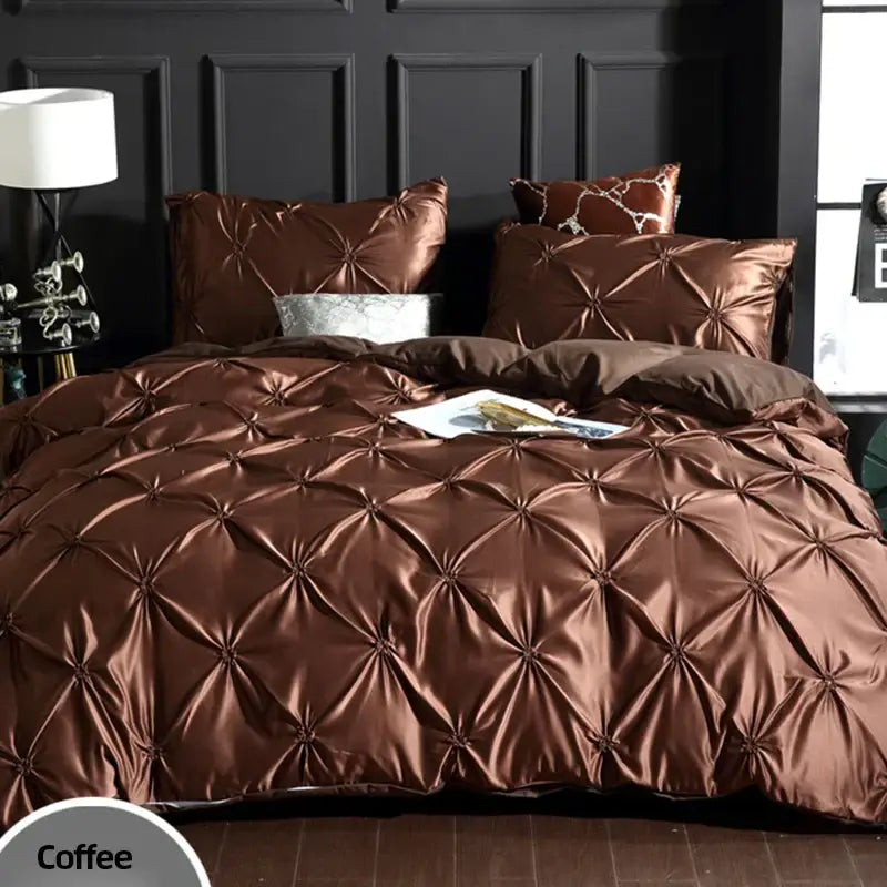 Bronze satin quilted chiffon flower duvet cover set bedroom bedding