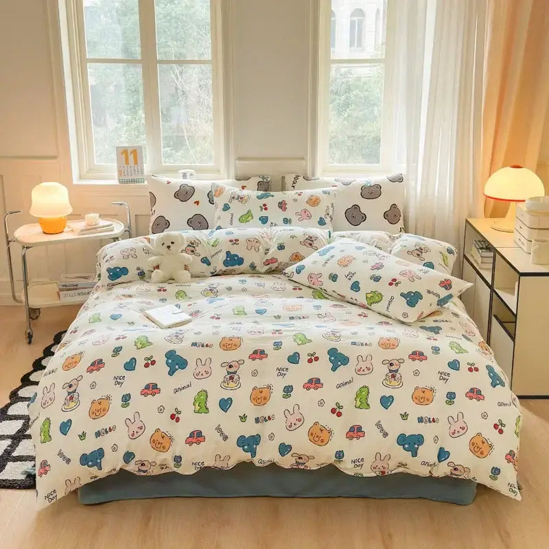 Cartoon print white & pink lamb bedding set for bedroom cozy decor