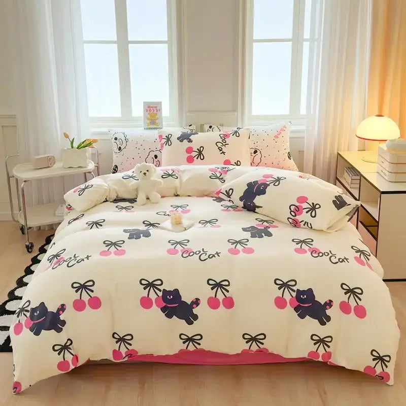 Cartoon print white & pink lamb bedding set for bedroom cozy decor