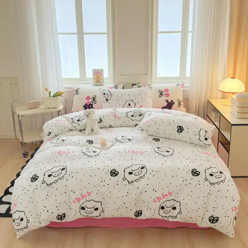 Cartoon print white & pink lamb bedding set for bedroom cozy decor