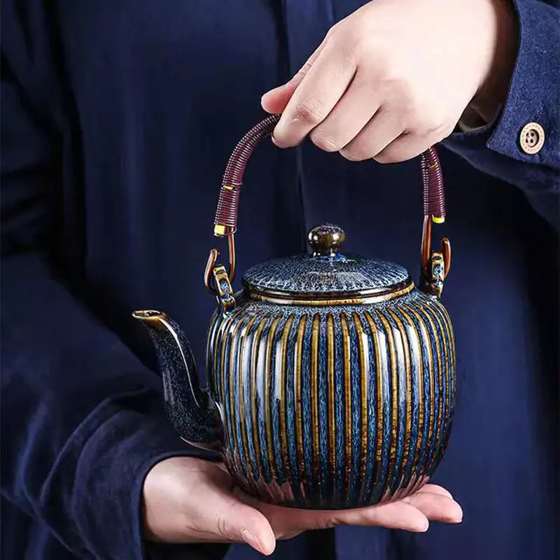 Vintage blue & gold ribbed ceramic teapot set – kitchen teaware