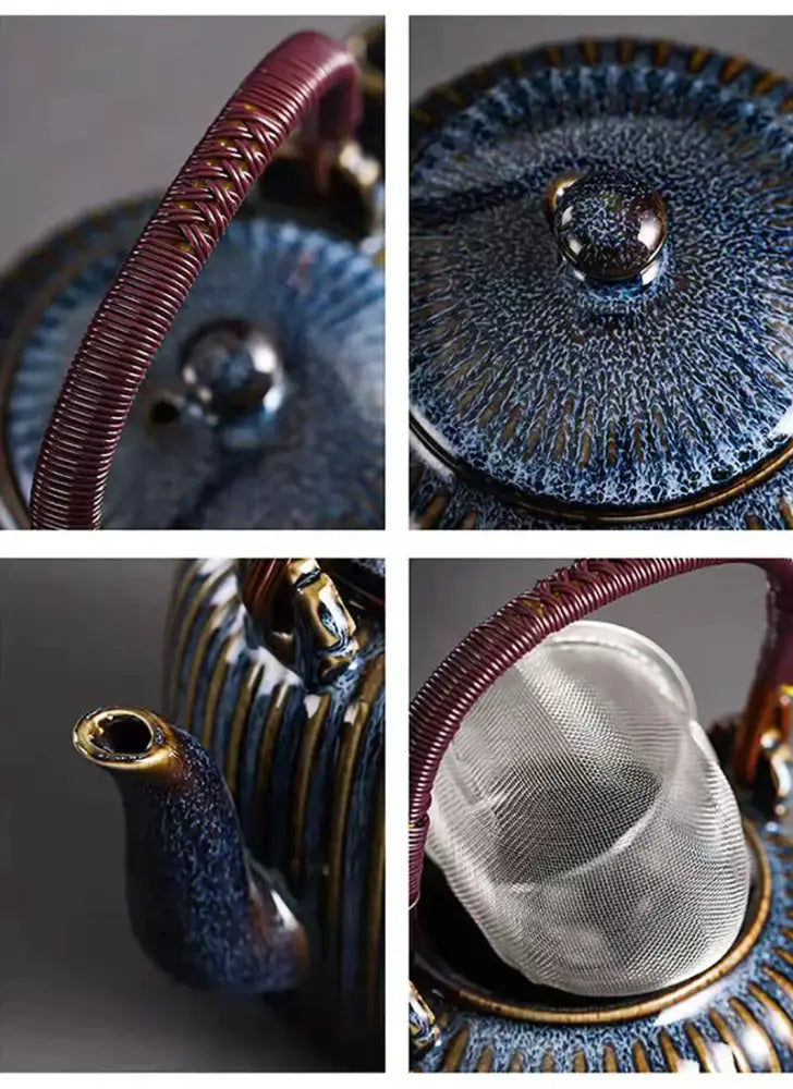Vintage blue & gold ribbed ceramic teapot set – kitchen teaware
