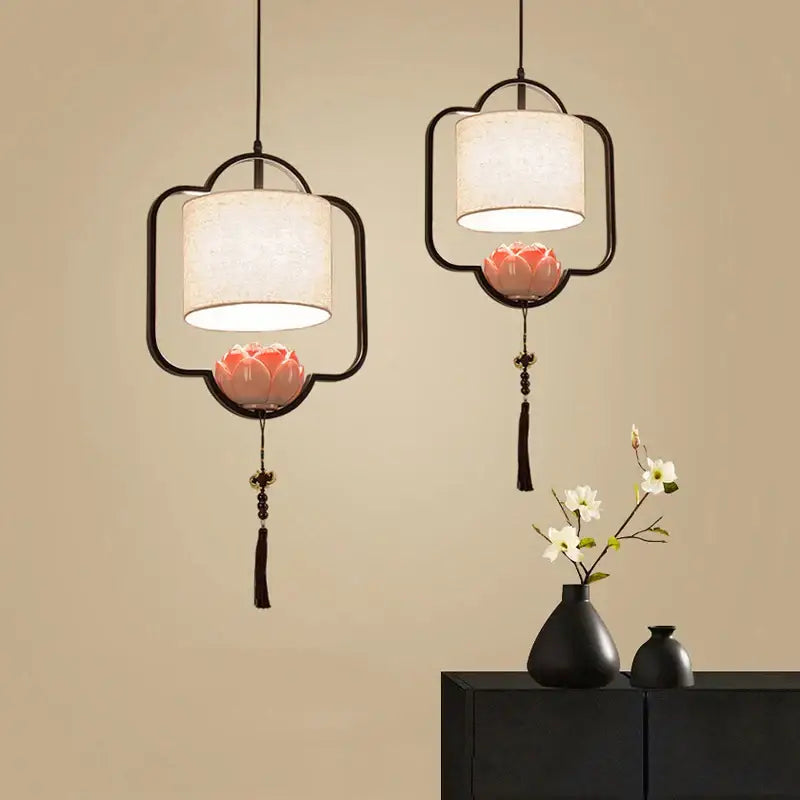 Elegant lotus cloth chandelier dining room black & off-white pendant