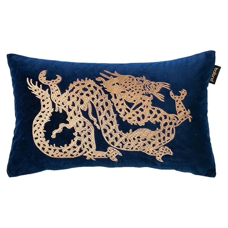 Blue and gold dragon embroidery lumbar pillow cover bedroom decor