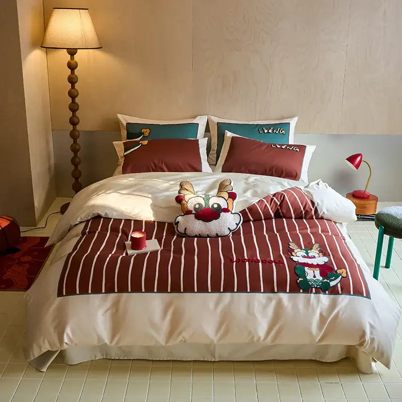 Cartoon reindeer red & white embroidered cotton bedding set bedroom
