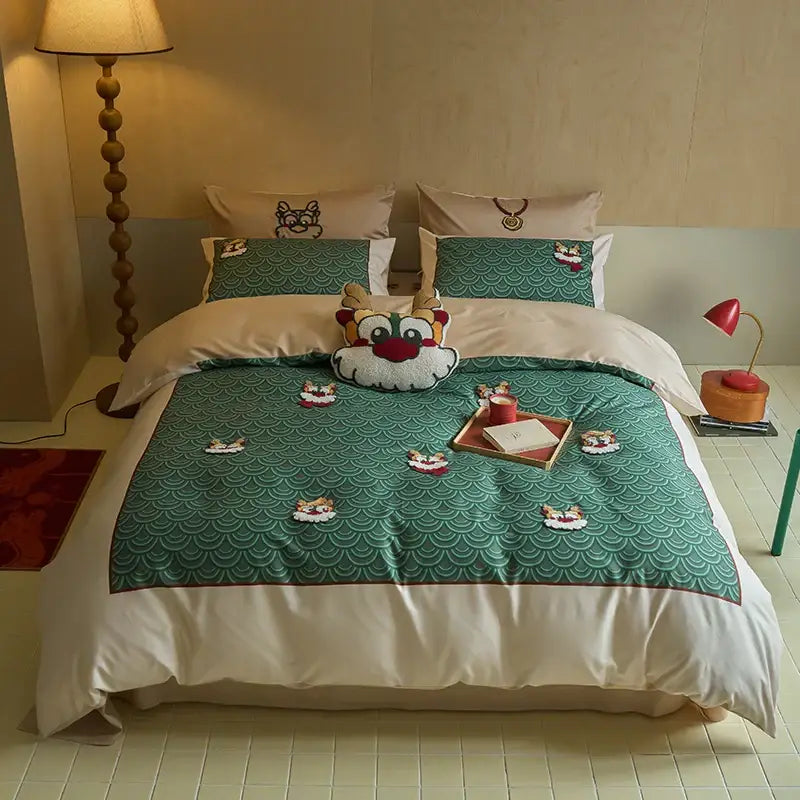Cartoon reindeer red & white embroidered cotton bedding set bedroom