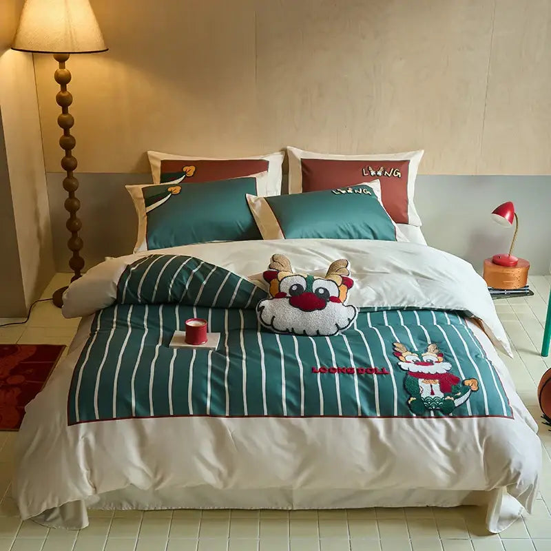 Cartoon reindeer red & white embroidered cotton bedding set bedroom
