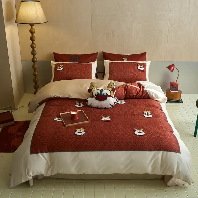 Cartoon reindeer red & white embroidered cotton bedding set bedroom