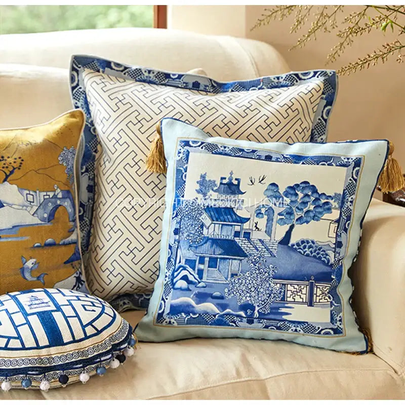 Traditional chinese pavilion blue & white circular throw pillow covers bedroom tassel trim