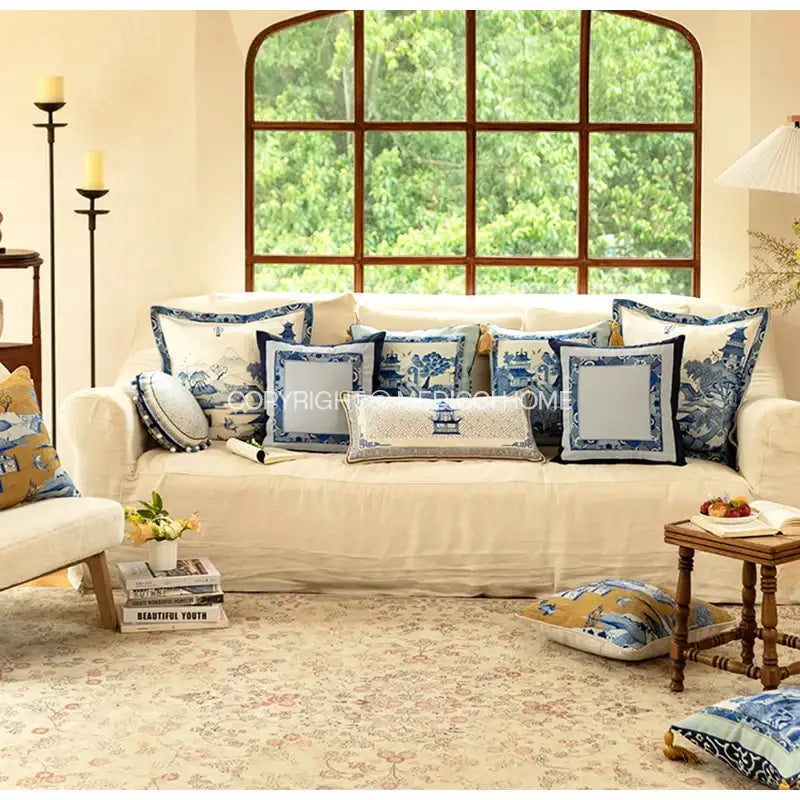 Traditional chinese pavilion blue & white circular throw pillow covers bedroom tassel trim
