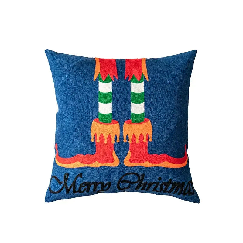 Blue santa sleigh embroidered pillow cover living room decor