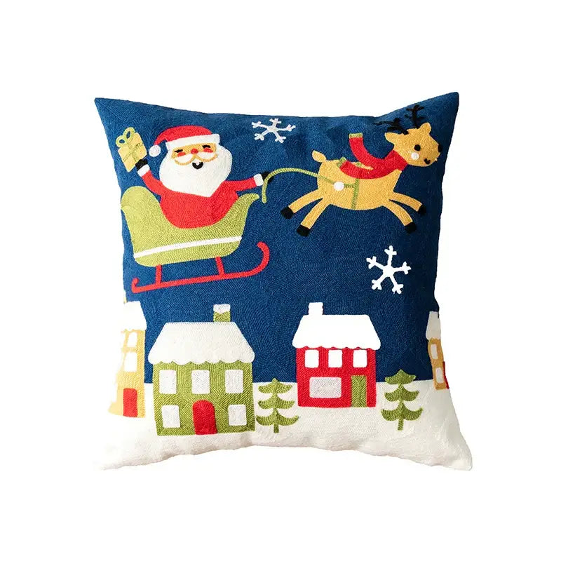 Blue santa sleigh embroidered pillow cover living room decor