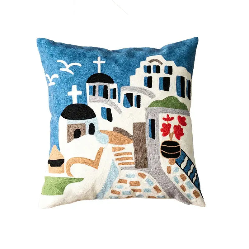 Blue santa sleigh embroidered pillow cover living room decor
