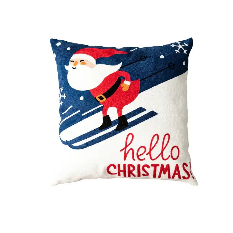 Blue santa sleigh embroidered pillow cover living room decor