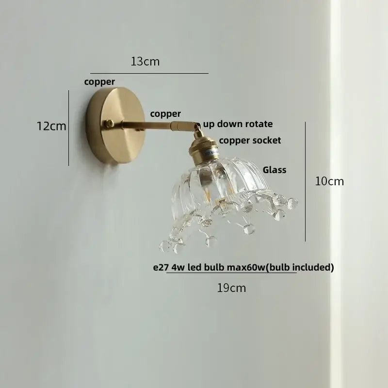 Decorbites clear flower glass wall lamp bedroom brass pull chain
