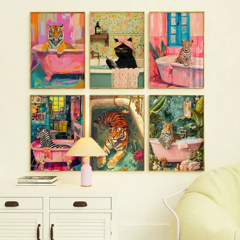 Mid century pink house and pool canvas painting living room decor