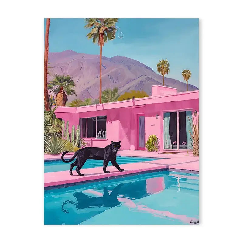 Mid century pink house and pool canvas painting living room decor