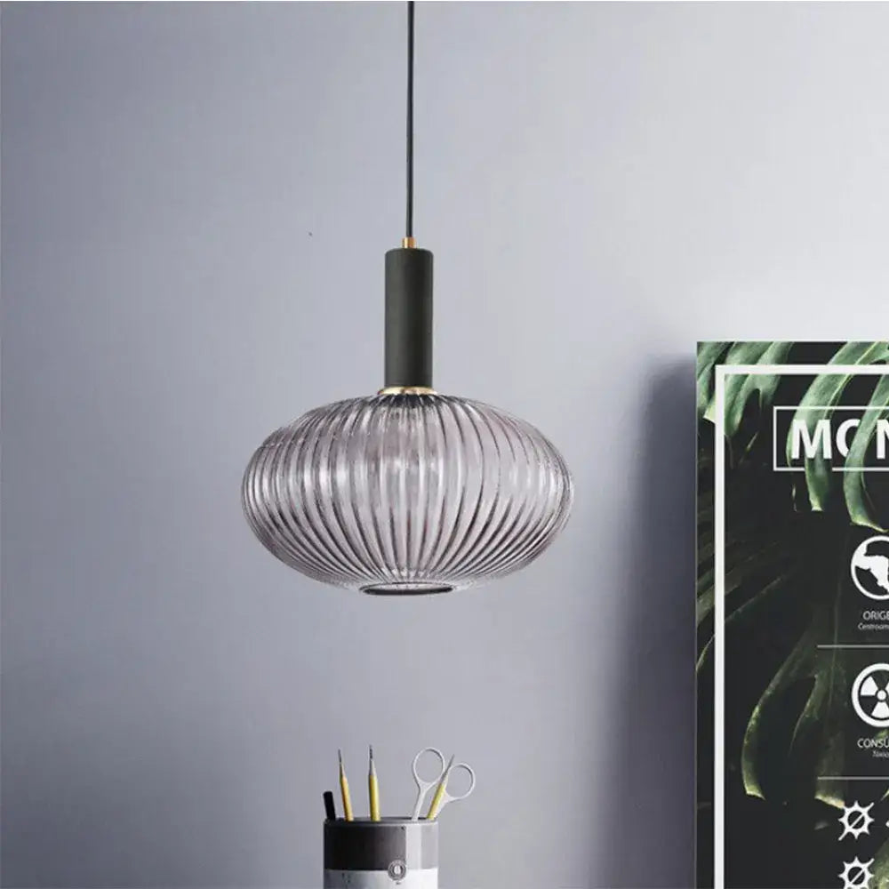 Retro ribbed amber glass pendant lights for dining room