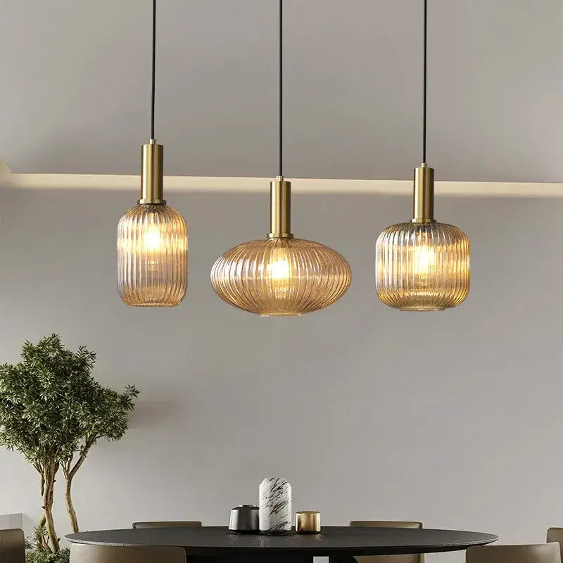Retro ribbed amber glass pendant lights for dining room